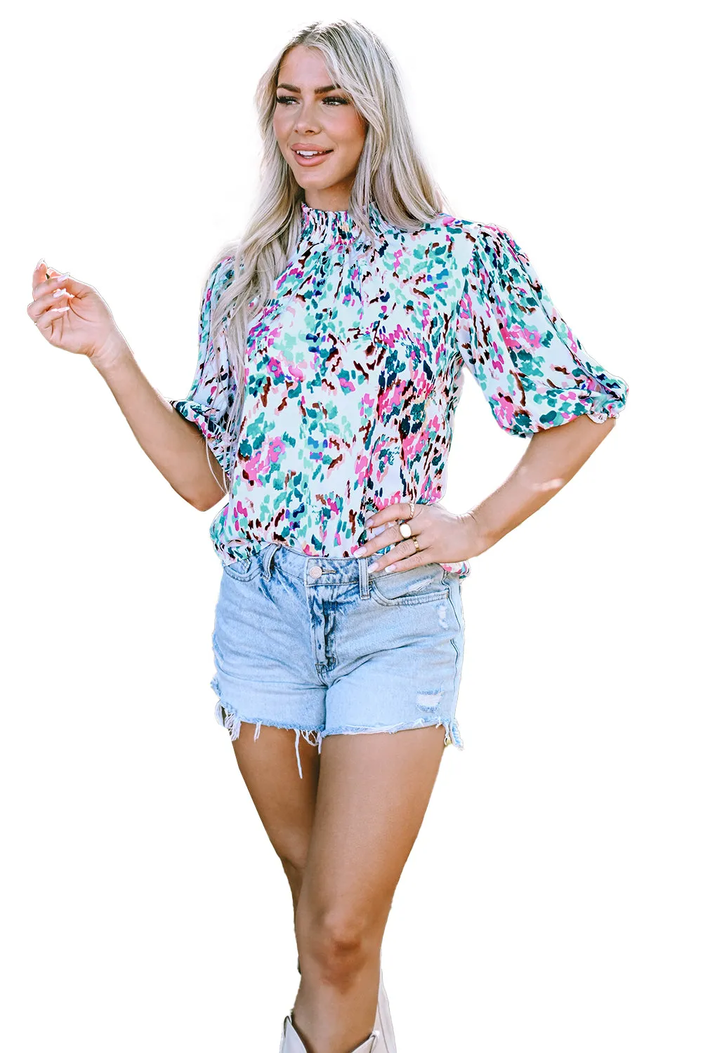 Print Puff Sleeve Mock Neck Blouse