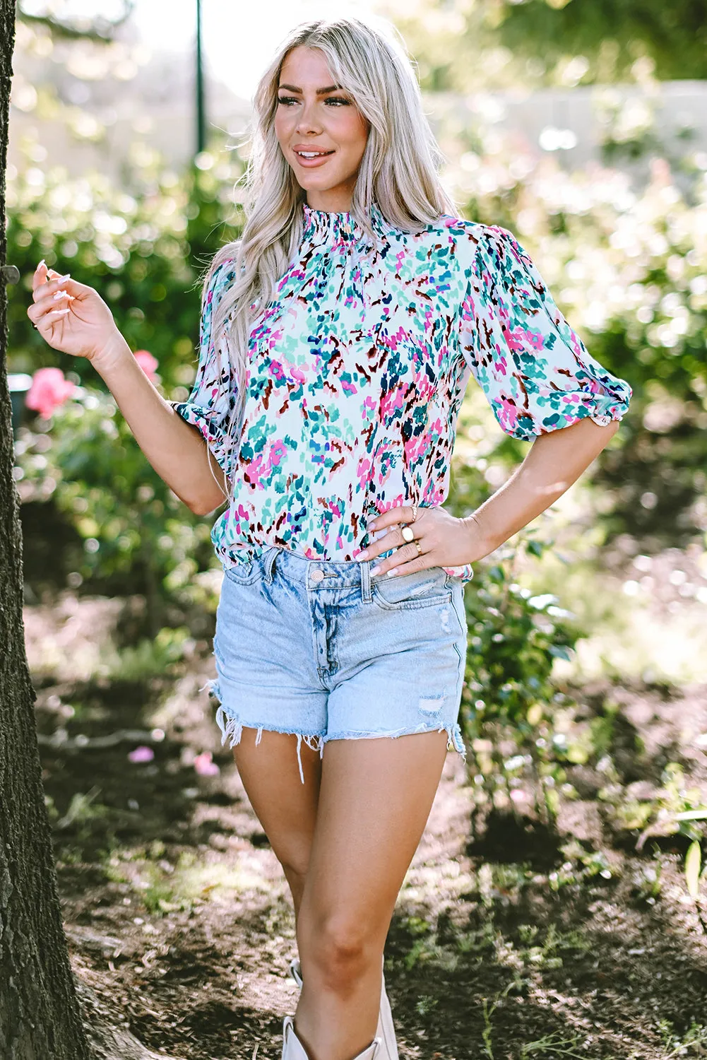 Print Puff Sleeve Mock Neck Blouse